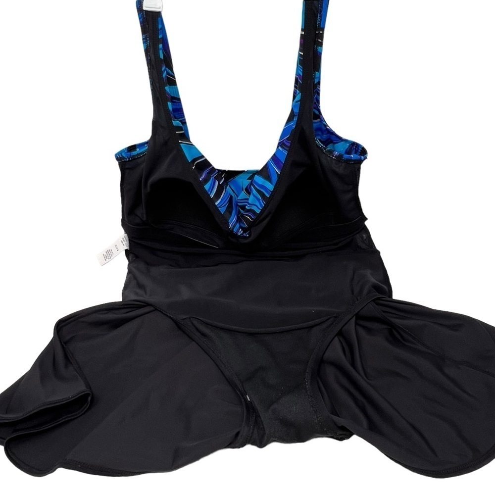 Longitude Skirted Swim Dress Size 10 Black Blue Print Long Torso Straight Back - Picture 3 of 13